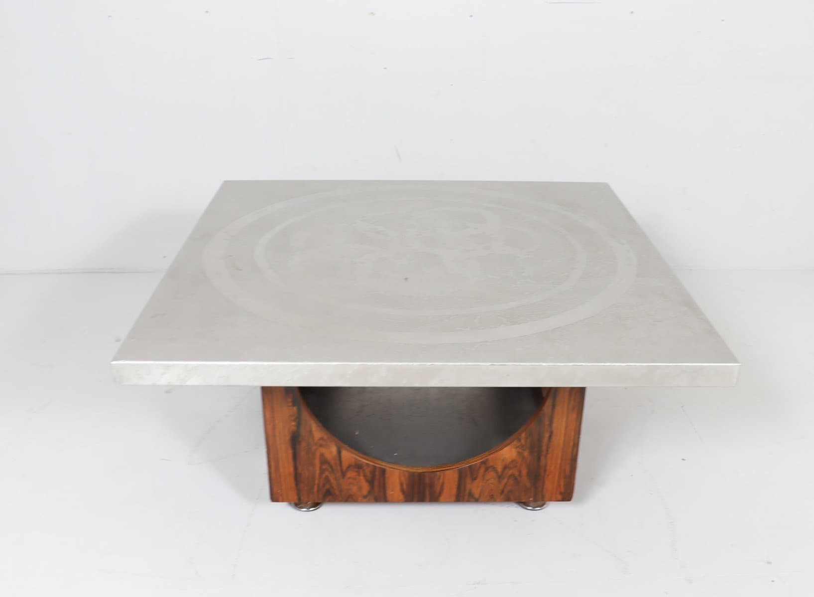 Stolik kawowy, aluminium srebrny, drewno brązowy, proj. H. Lilienthal, Niemcy, lata 70. - 276677