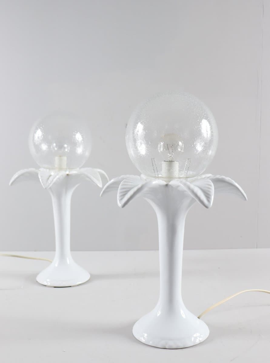 Para lamp stołowych Hollywood Regency, porcelana biała, szkło białe, Włochy, lata 70. - 276611