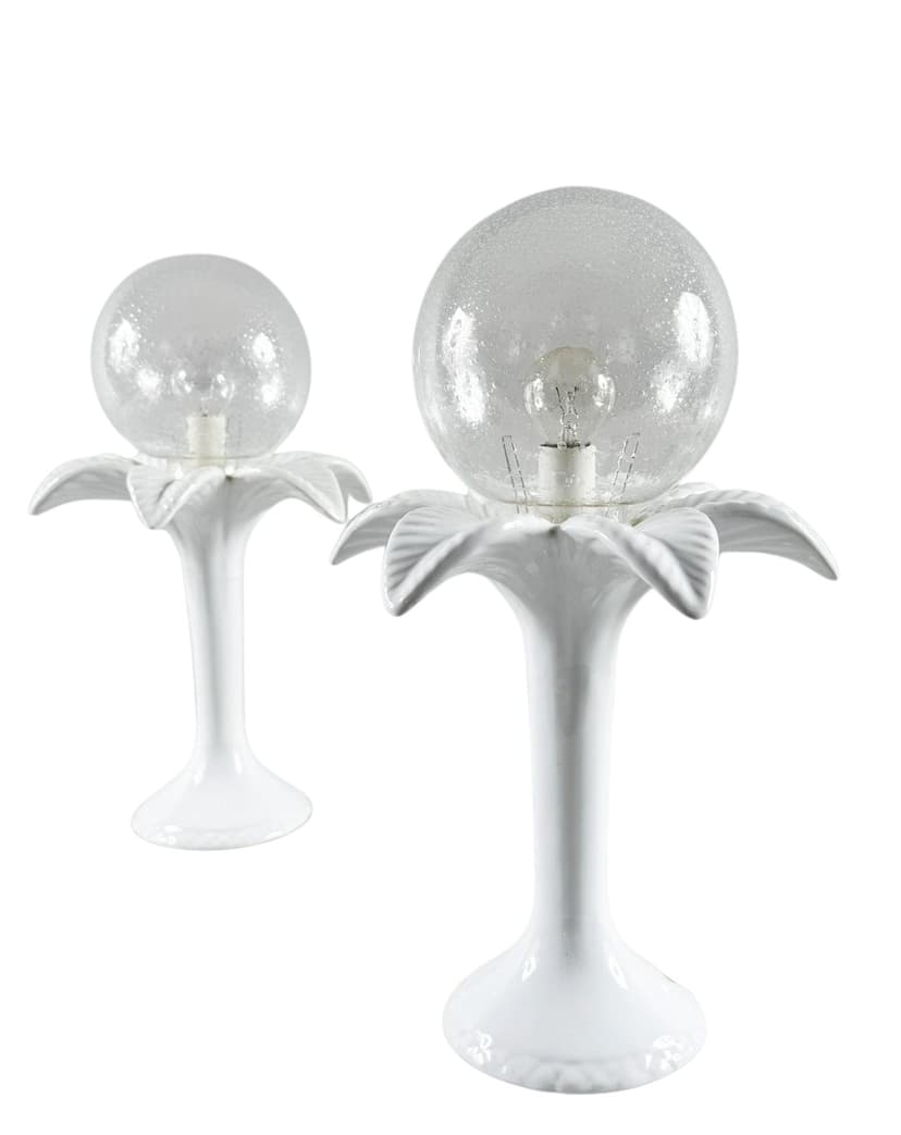 Para lamp stołowych Hollywood Regency, porcelana biała, szkło białe, Włochy, lata 70.