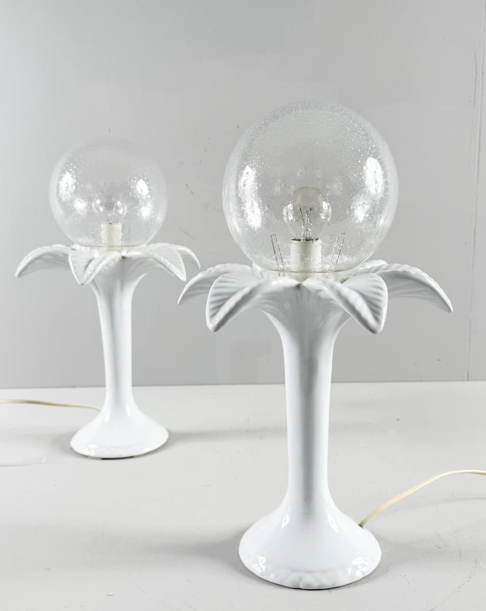 Para lamp stołowych Hollywood Regency, porcelana biała, szkło białe, Włochy, lata 70. - 276608