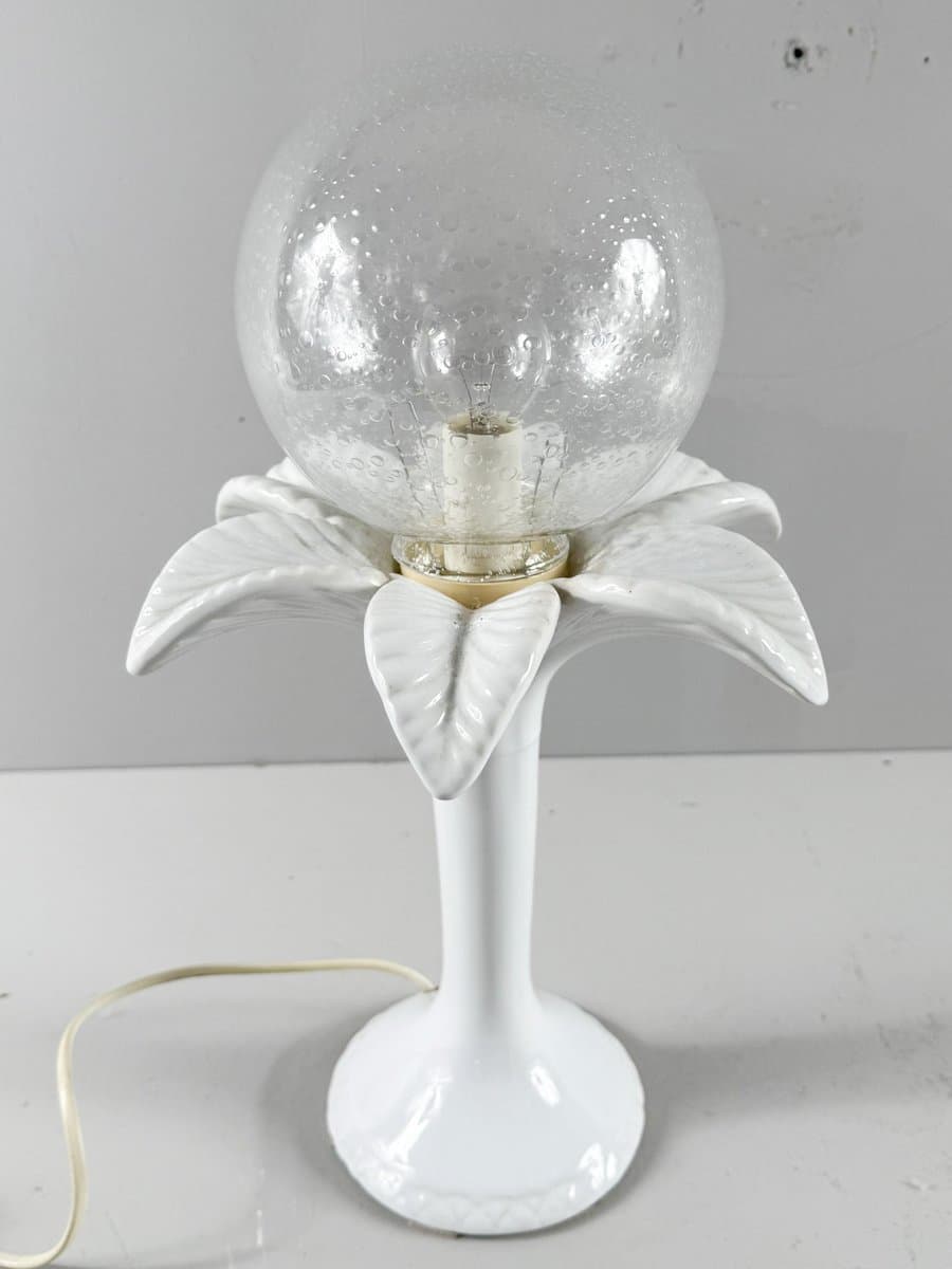 Para lamp stołowych Hollywood Regency, porcelana biała, szkło białe, Włochy, lata 70. - 276620