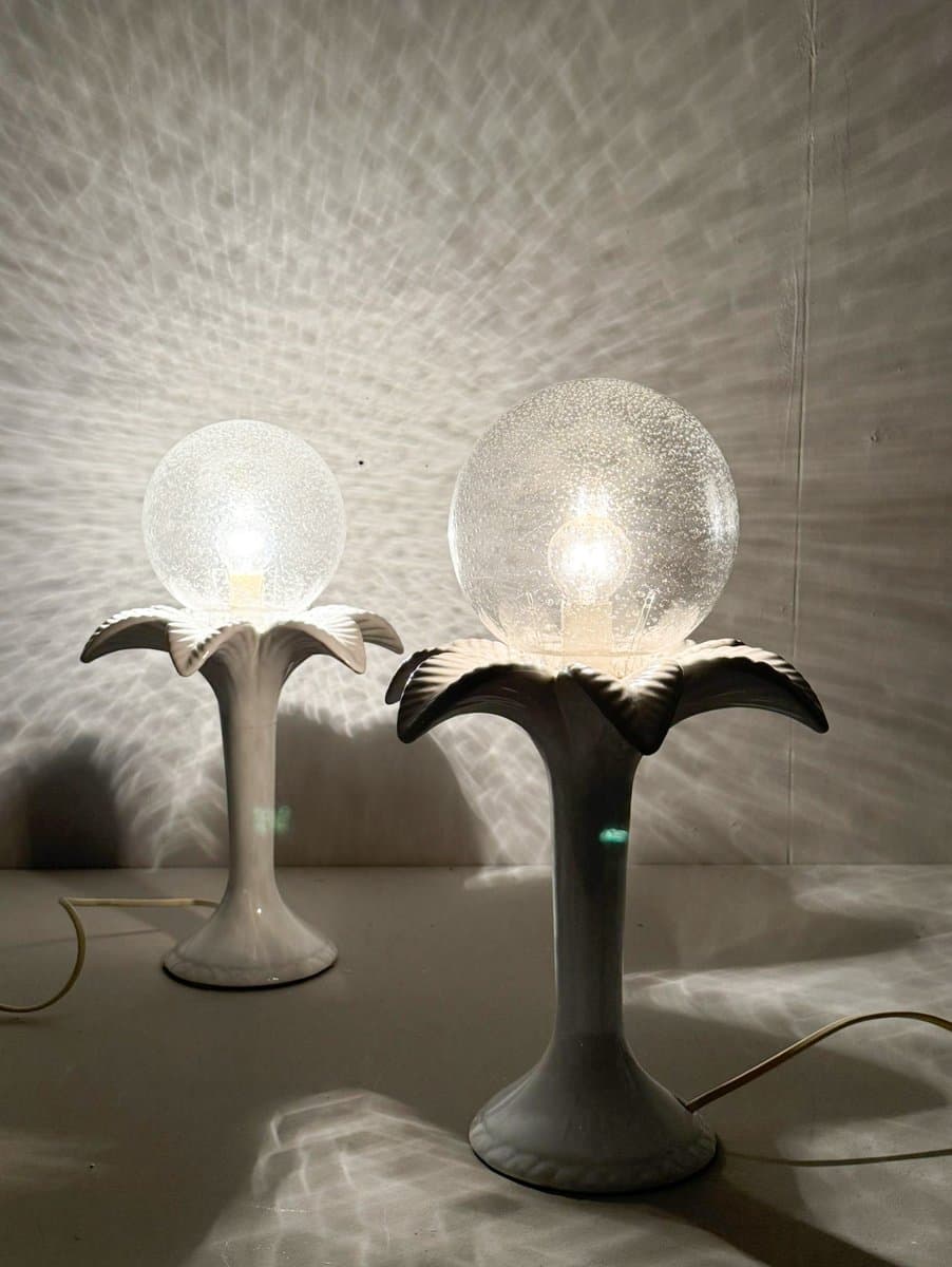 Para lamp stołowych Hollywood Regency, porcelana biała, szkło białe, Włochy, lata 70. - 276622