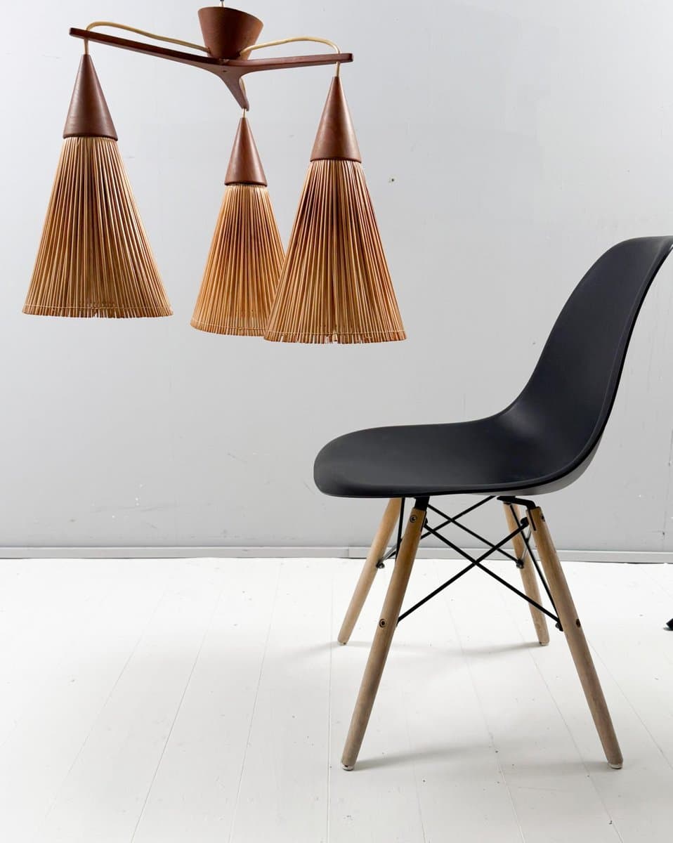 Lampa sufitowa, Space Age, teak brązowy, rattan miodowy, Dania, lata 70. - 277151