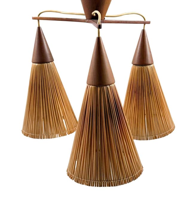 Lampa sufitowa, Space Age, teak brązowy, rattan miodowy, Dania, lata 70. - WYMIARY