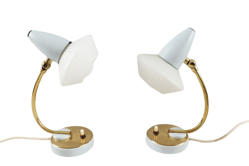 Para lamp stołowych Space Age, szkło opalowe niebieskie, mosiądz złoty, aluminium niebieski, Francja, lata 60.