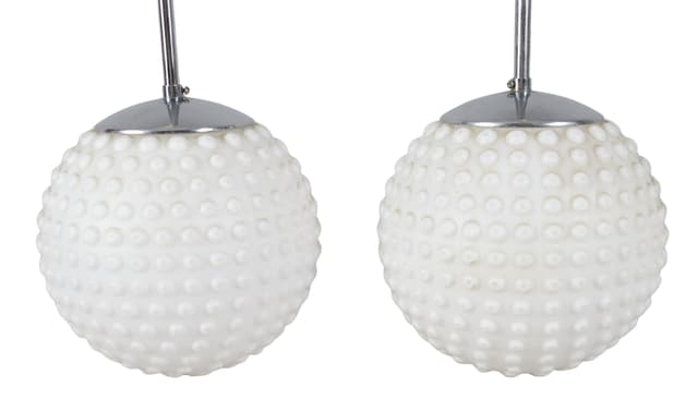 Para lamp sufitowych Space Age Bubble, szkło opalowe białe, metal chromowany srebrny, proj. R. Krüger, Staff Leuchten, Niemcy, lata 70. - WYMIARY