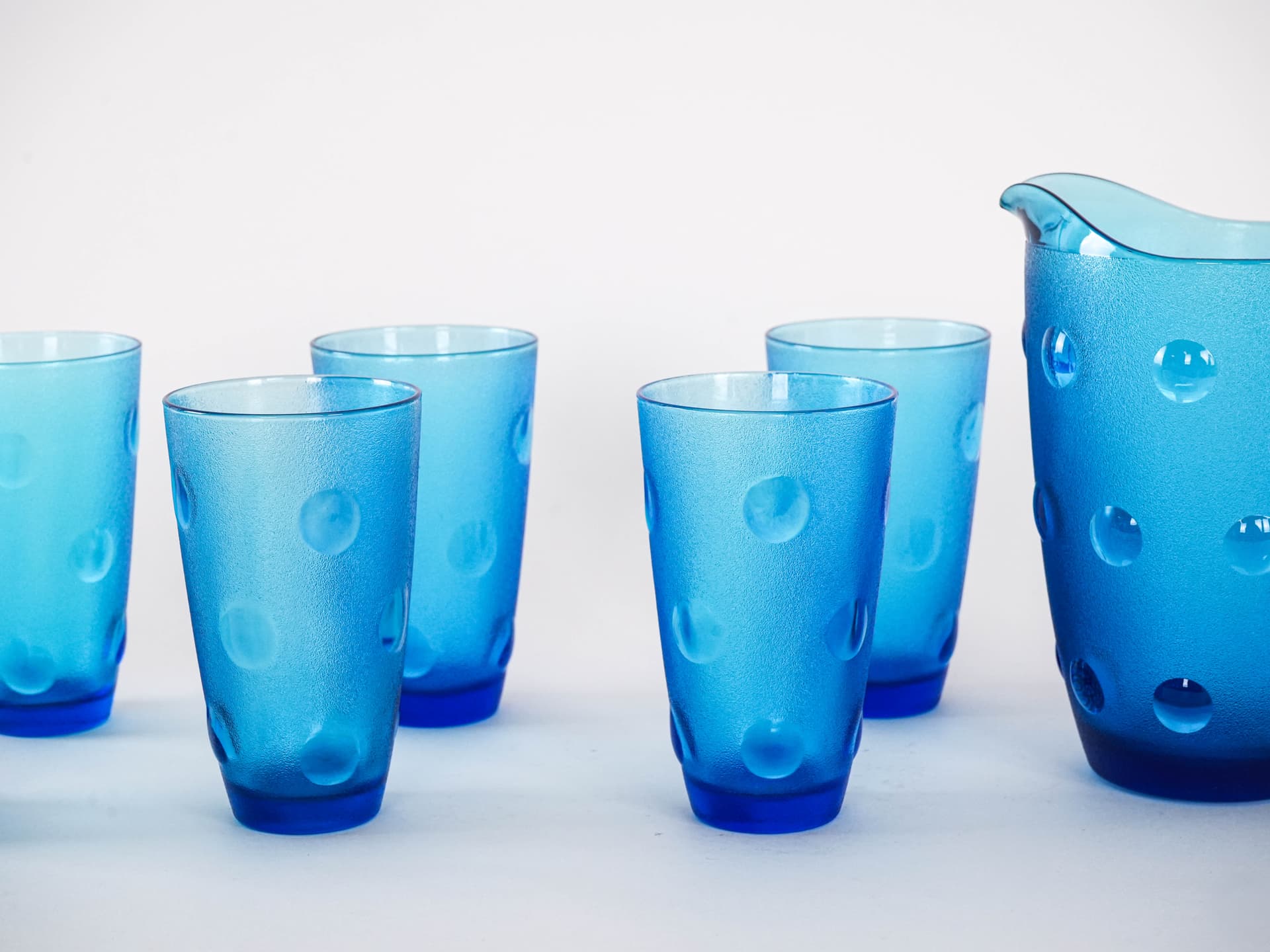 Zestaw dzbanek i szklanki, niebieski, szkło, Włochy, lata 70. - 276935