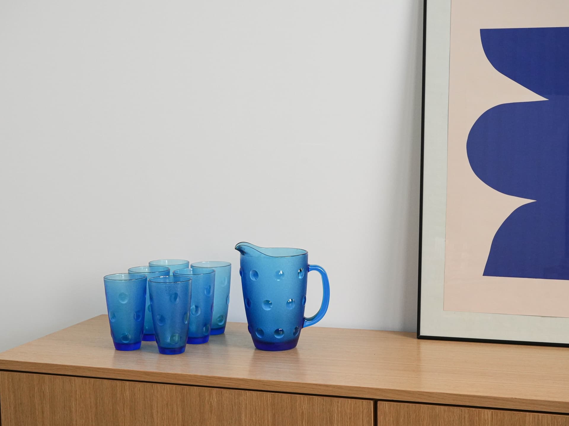 Zestaw dzbanek i szklanki, niebieski, szkło, Włochy, lata 70. - 276932