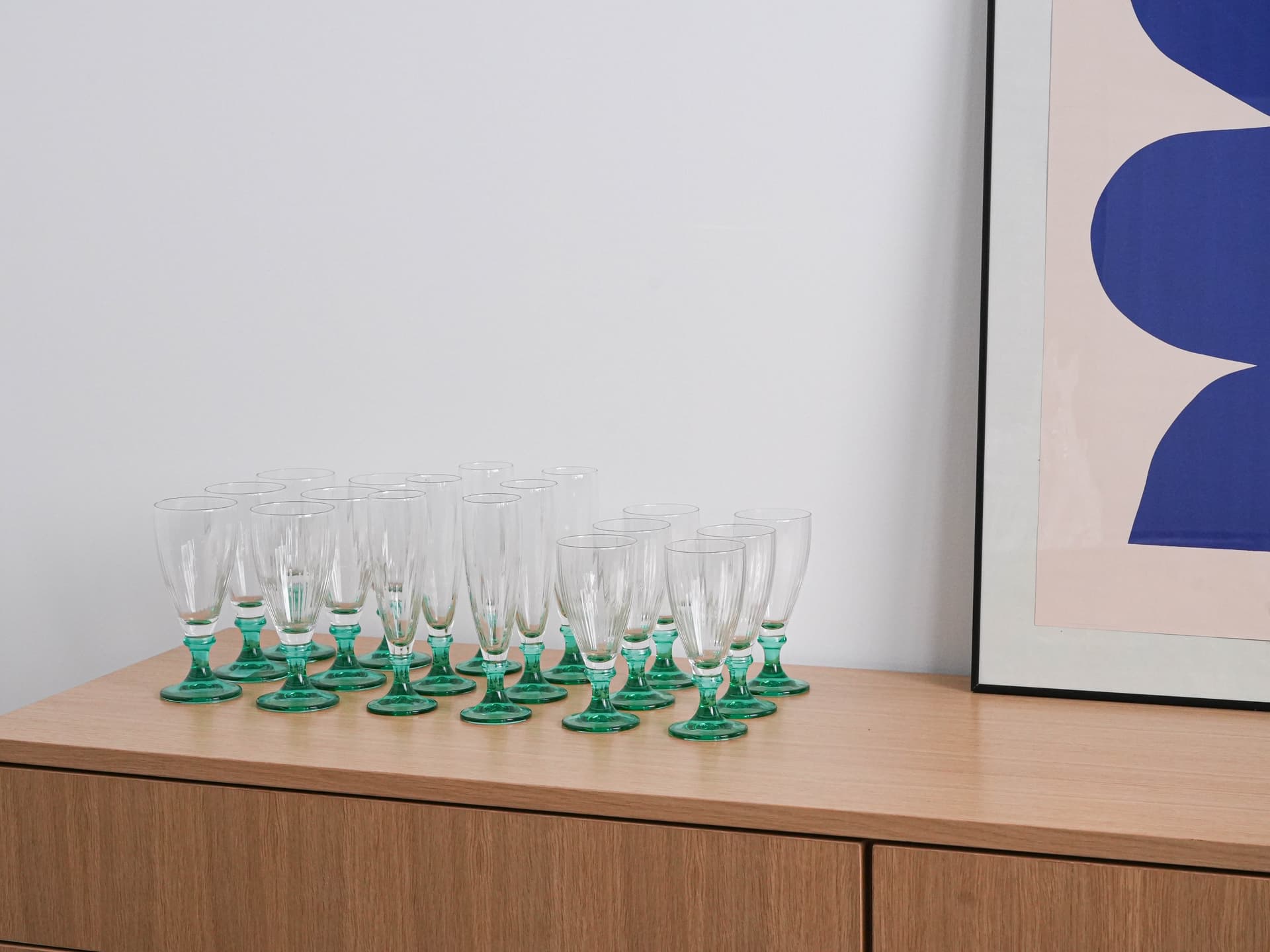 Zestaw kieliszków do wina i szampana, szkło przezroczyste i zielone, Włochy, lata 70. - 277291