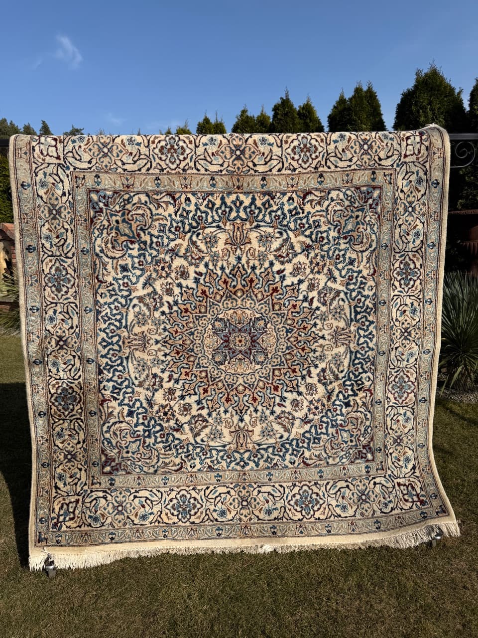 Dywan perski Nain 200x200 cm, beżowy, wełna z jedwabiem, Iran - 277495