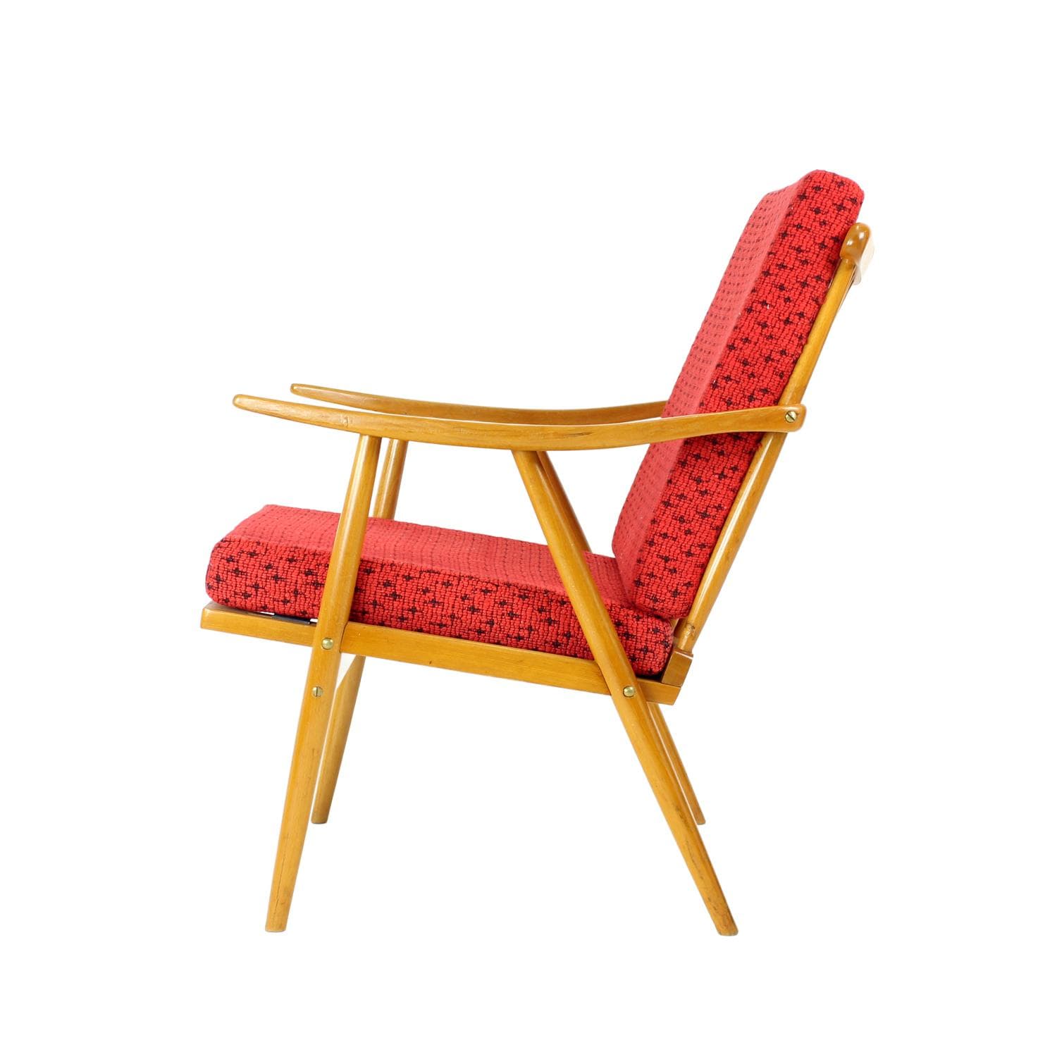 Fotel Boomerang, czerwony, drewno, proj. A. Suman, TON, Czechosłowacja, lata 60.