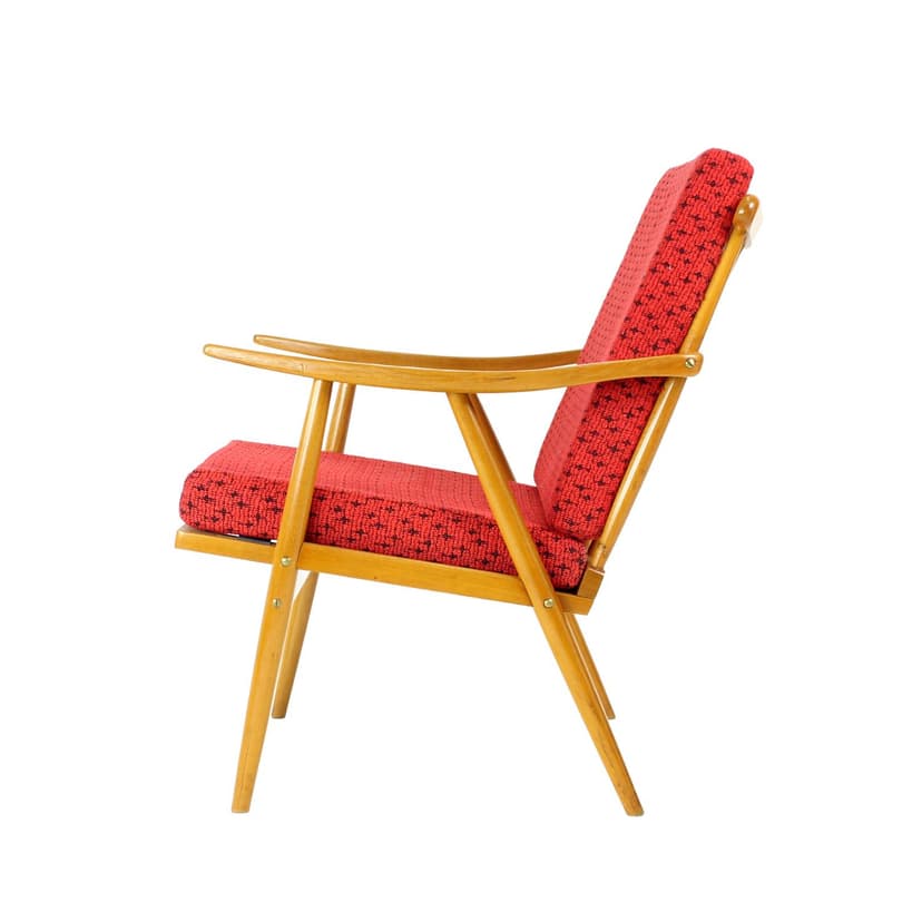 Fotel Boomerang, czerwony, drewno, proj. A. Suman, TON, Czechosłowacja, lata 60.