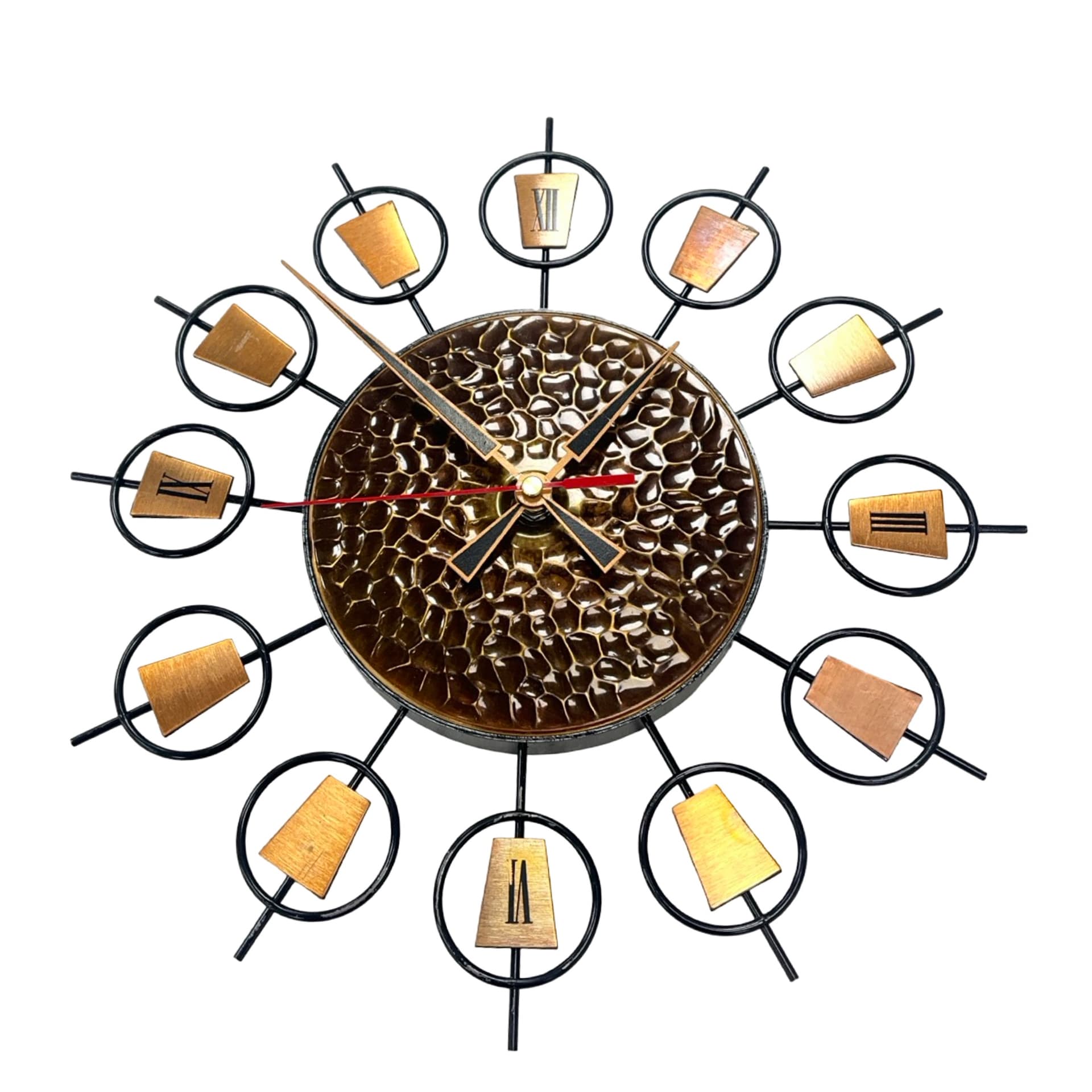 Zegar ścienny Sunburst, czarny, metal, mosiądz, Niemcy, lata 60. - 277595