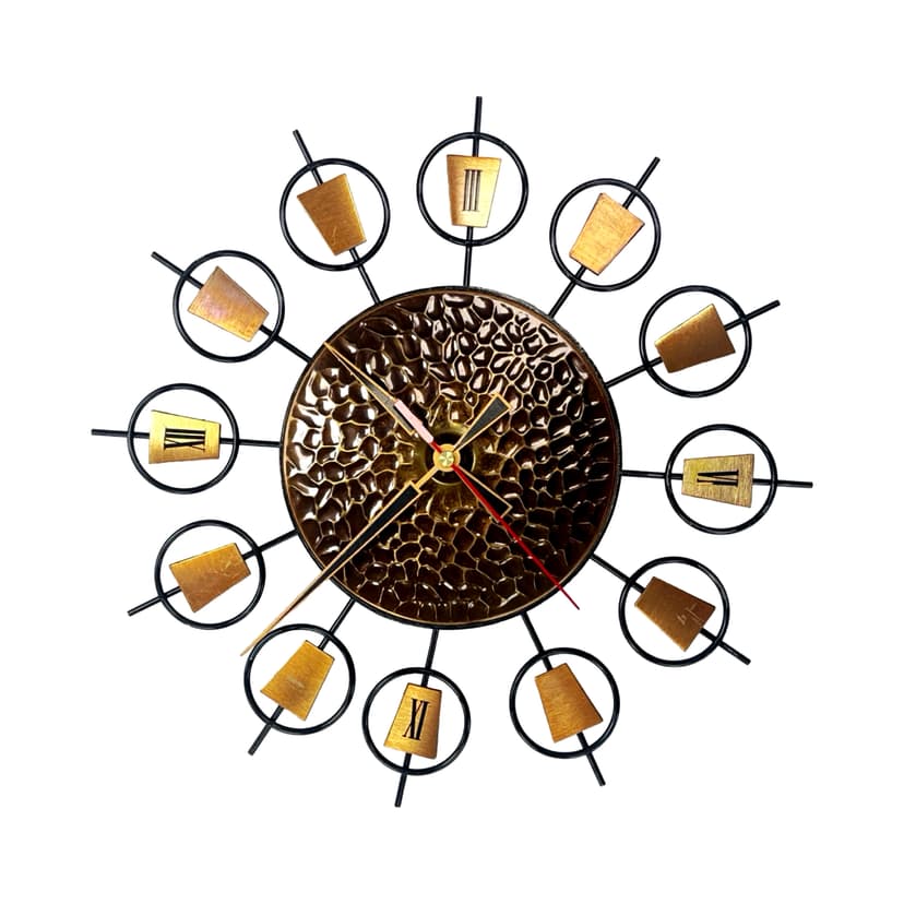 Zegar ścienny Sunburst, czarny, metal, mosiądz, Niemcy, lata 60.