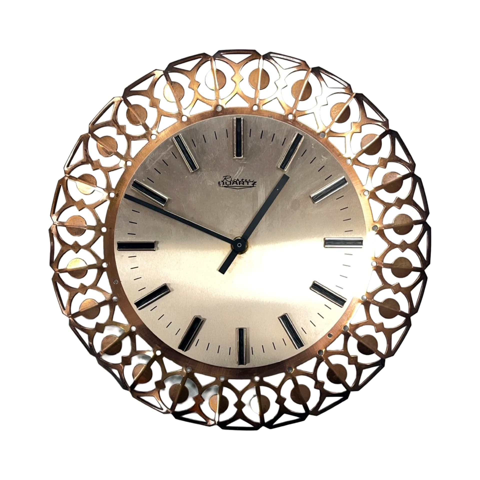 Zegar ścienny, ażurowy, mosiądz złoty, Richter, Niemcy, lata 60. - 277640