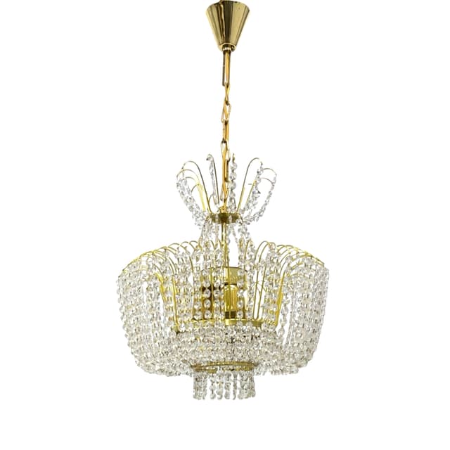 Żyrandol, Kamenický Šenov, mosiądz złoty, kryształ przezroczysty, Kamenický Šenov, Czechy, lata 70. - WYMIARY