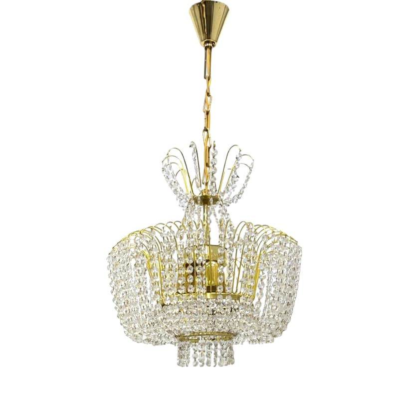 Żyrandol, Kamenický Šenov, mosiądz złoty, kryształ przezroczysty, Kamenický Šenov, Czechy, lata 70.