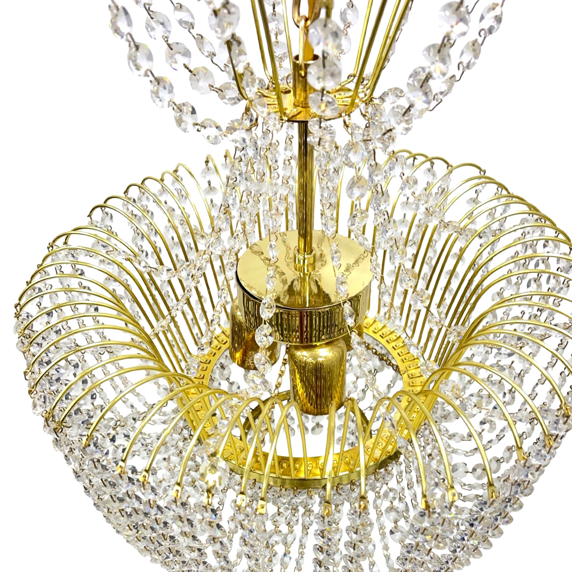 Żyrandol, Kamenický Šenov, mosiądz złoty, kryształ przezroczysty, Kamenický Šenov, Czechy, lata 70. - 277697