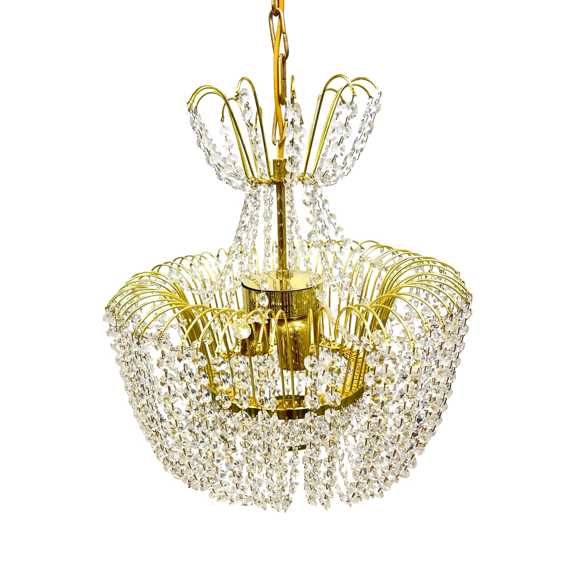 Żyrandol, Kamenický Šenov, mosiądz złoty, kryształ przezroczysty, Kamenický Šenov, Czechy, lata 70. - 277693