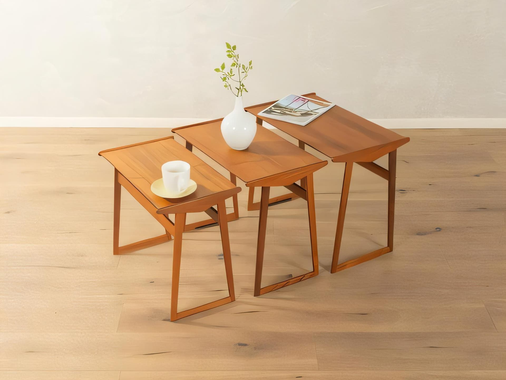 Set of three stacking tables, brown wood, Denmark, 1960s. - 277936
