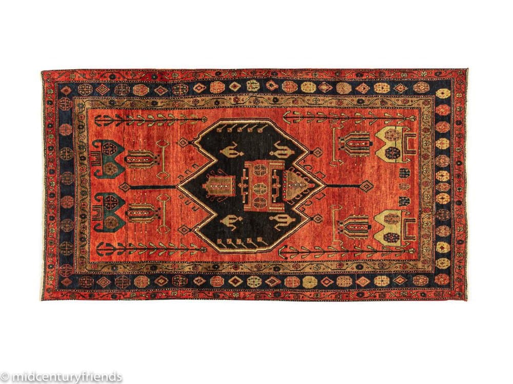 Dywan bliskowschodni 276x150 cm, czerwony czarny beżowy niebieski, wełna, lata 50. - 282327