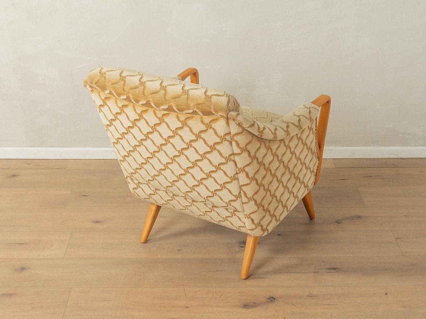 Fotel lounge, beżowy, velvet, drewno, Niemcy, lata 50. - 281592