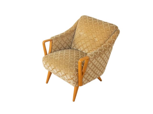 Fotel lounge, beżowy, velvet, drewno, Niemcy, lata 50. - WYMIARY