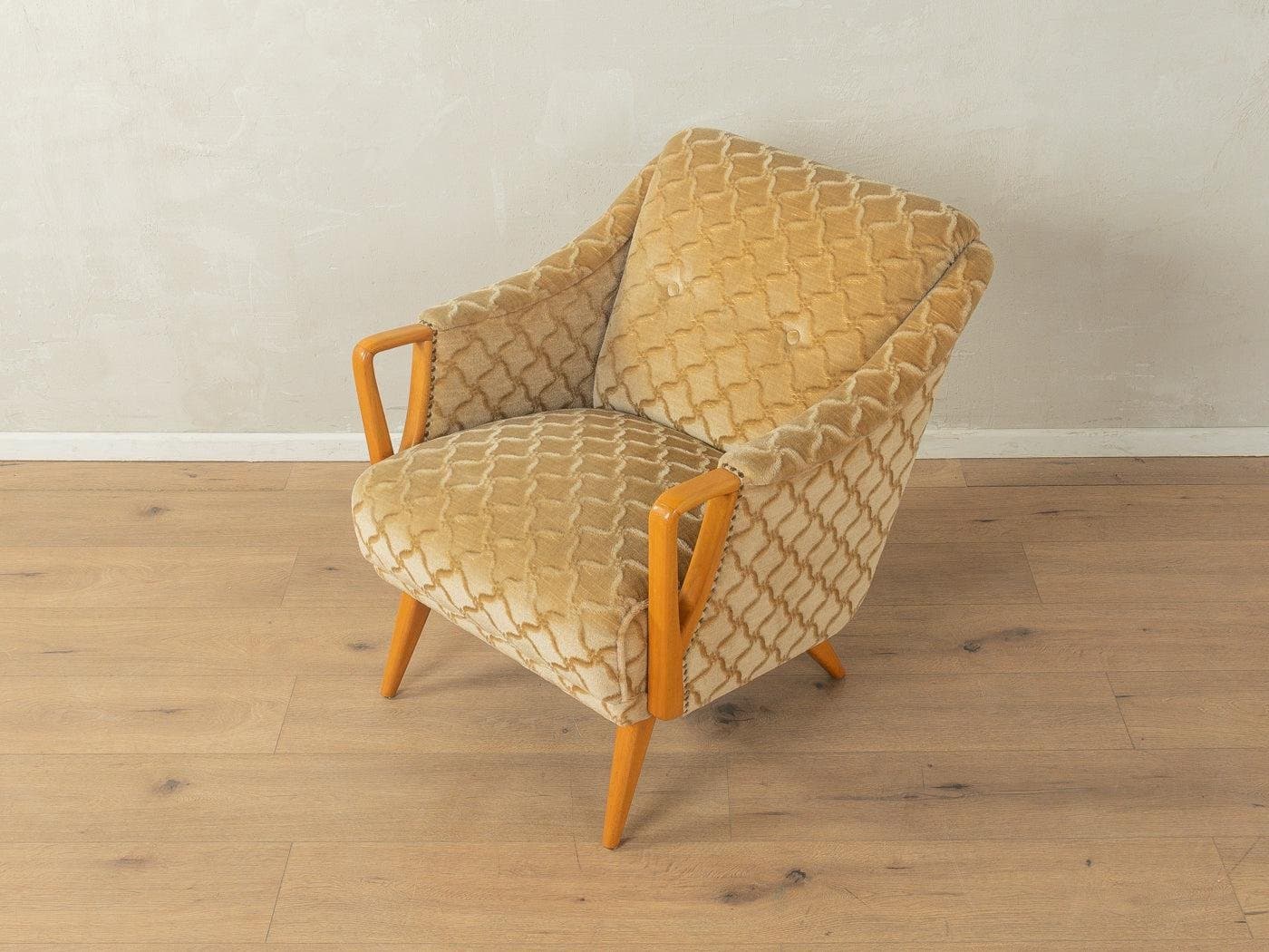 Fotel lounge, beżowy, velvet, drewno, Niemcy, lata 50. - 281598
