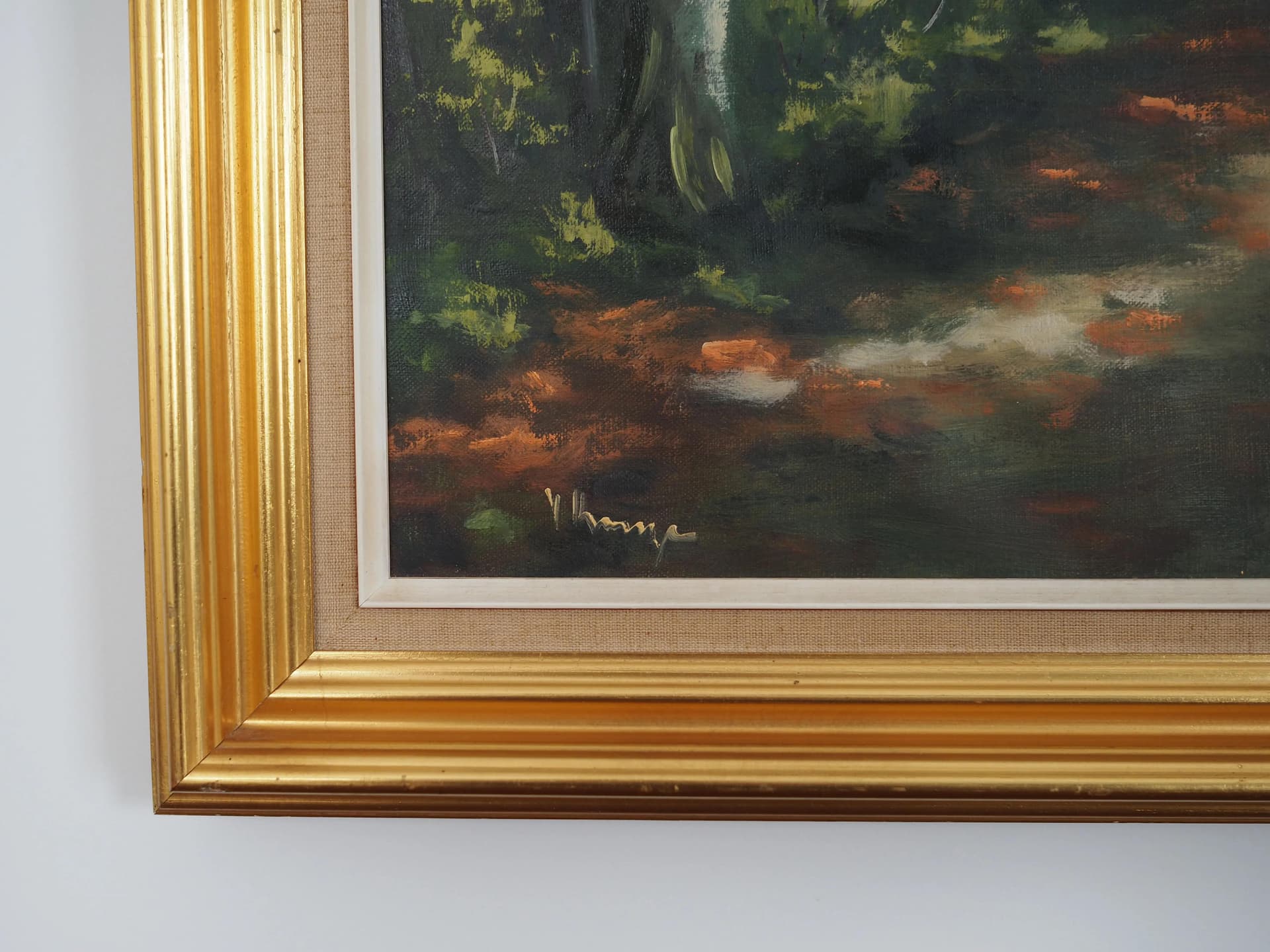 Obraz Leśna droga, multikolor, olej na płótnie, rama drewno, Polska, lata 70. - 20347