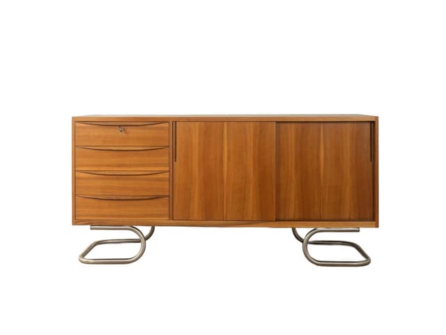 Sideboard Mid-Century, orzech brązowy, stal nierdzewna, Niemcy, lata 50. - WYMIARY