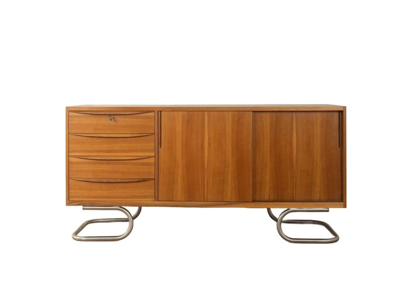 Sideboard Mid-Century, orzech brązowy, stal nierdzewna, Niemcy, lata 50.