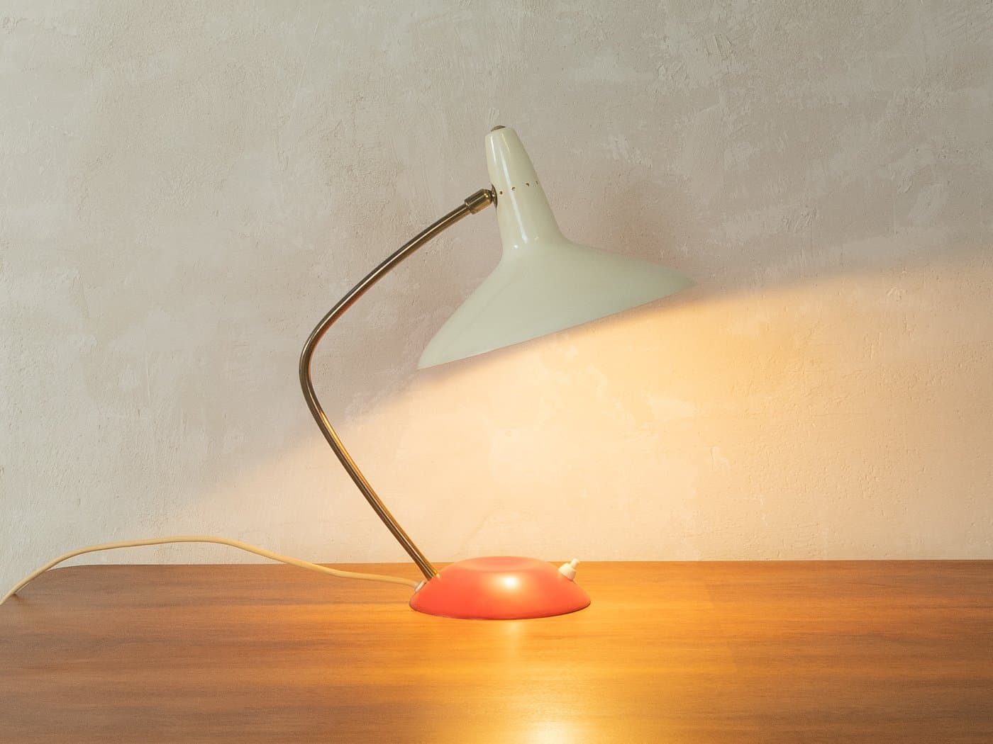 Table lamp, beige, red, brass, by L. Kalff, Germany, 1950s. - 281429