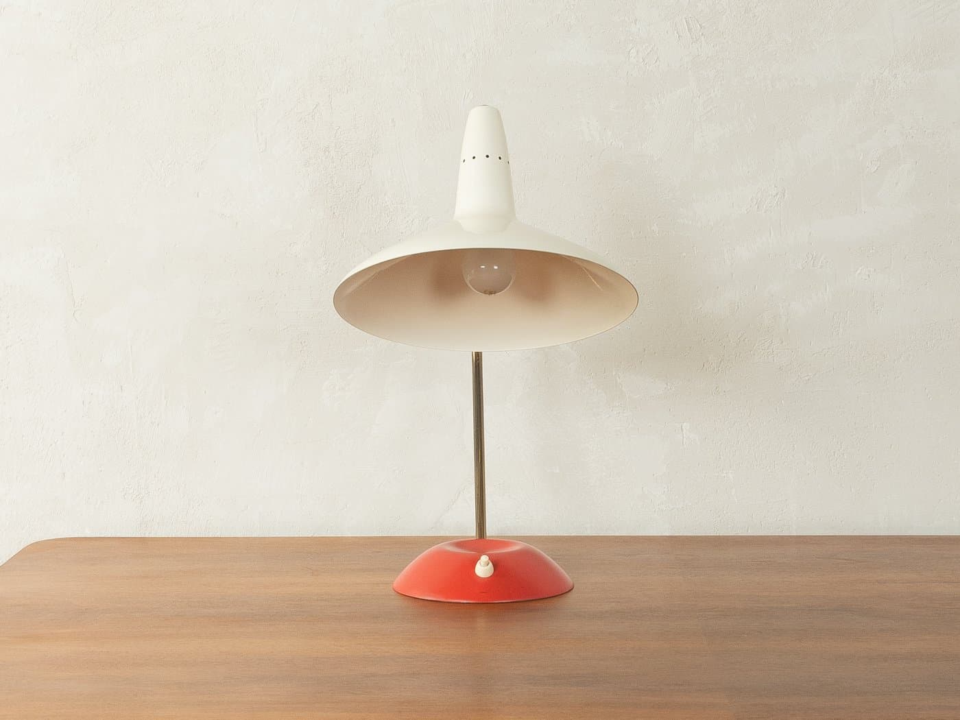 Table lamp, beige, red, brass, by L. Kalff, Germany, 1950s. - 281425