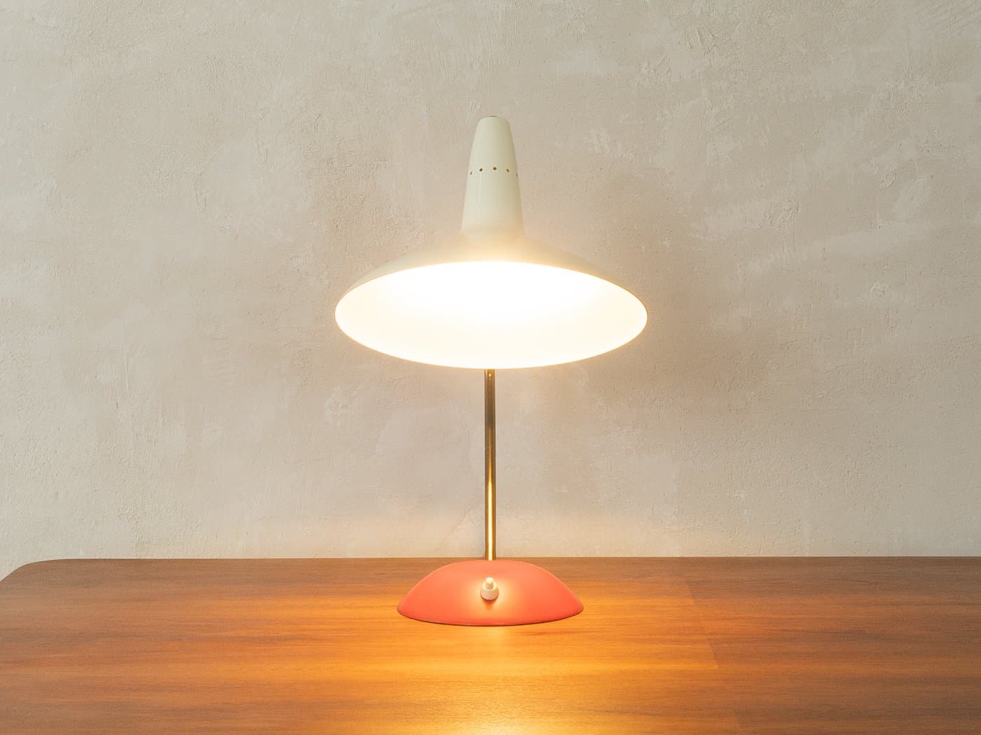 Table lamp, beige, red, brass, by L. Kalff, Germany, 1950s. - 281428