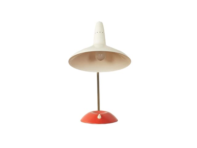 Table lamp, beige, red, brass, by L. Kalff, Germany, 1950s. - DIMENSION