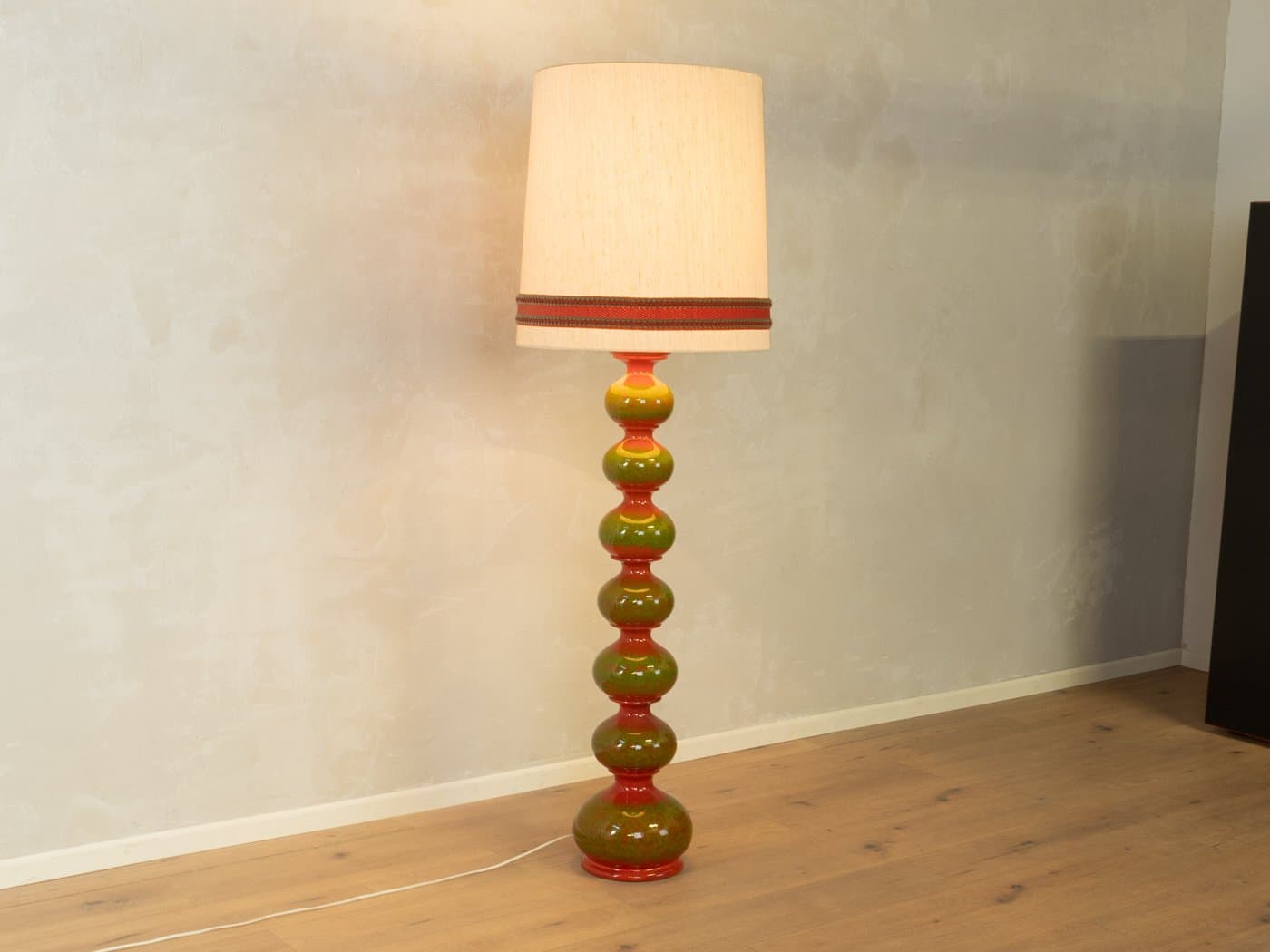 Floor Lamp Bubble, green red ceramic, beige silk, Doria Leuchten, Germany, 1960s. - 281397