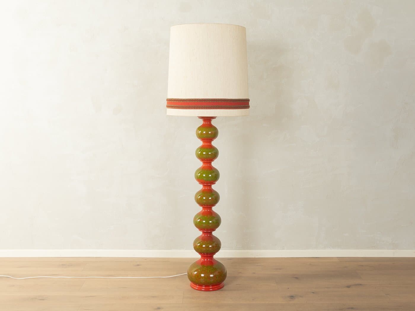 Floor Lamp Bubble, green red ceramic, beige silk, Doria Leuchten, Germany, 1960s. - 281404
