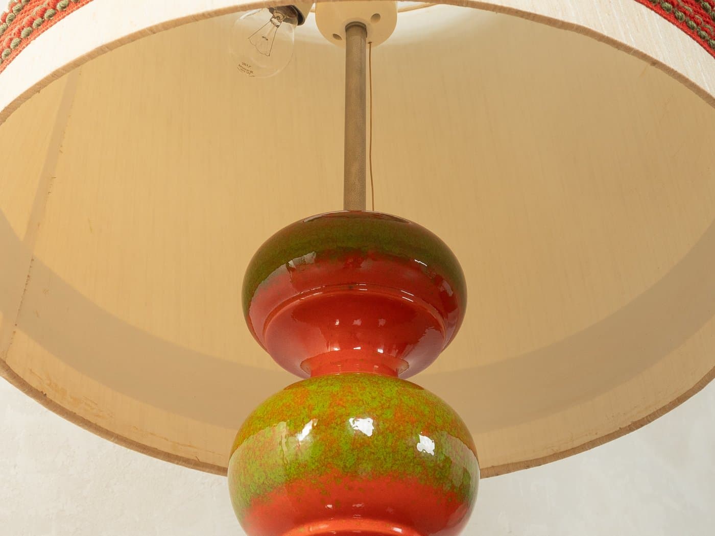 Floor Lamp Bubble, green red ceramic, beige silk, Doria Leuchten, Germany, 1960s. - 281402