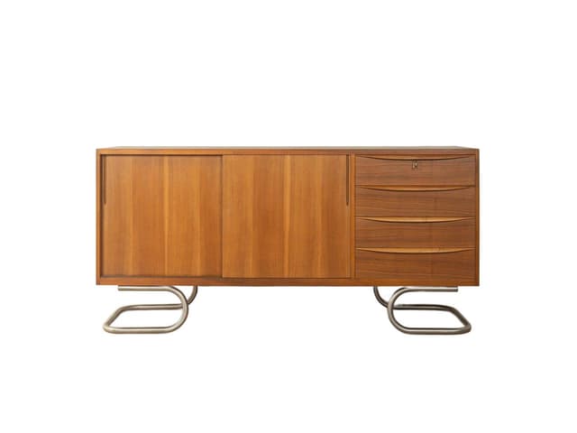 Kredens, orzech brązowy, stal nierdzewna, Niemcy, lata 50. - WYMIARY
