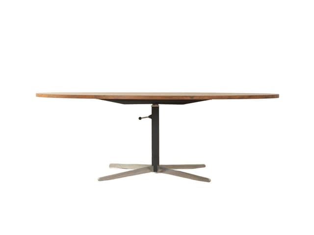 Coffee table, brown teak, stainless steel, Germany, 1960s. - DIMENSION