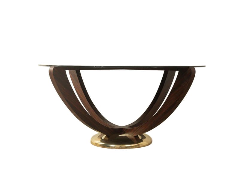 Stolik kawowy Art Deco, szkło czarne, teak, mosiądz, Niemcy, lata 30.