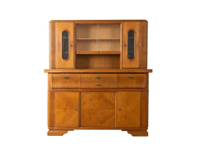 Kredens Art Deco, brązowy, orzech, szkło, porcelana, Niemcy, lata 20. - WYMIARY