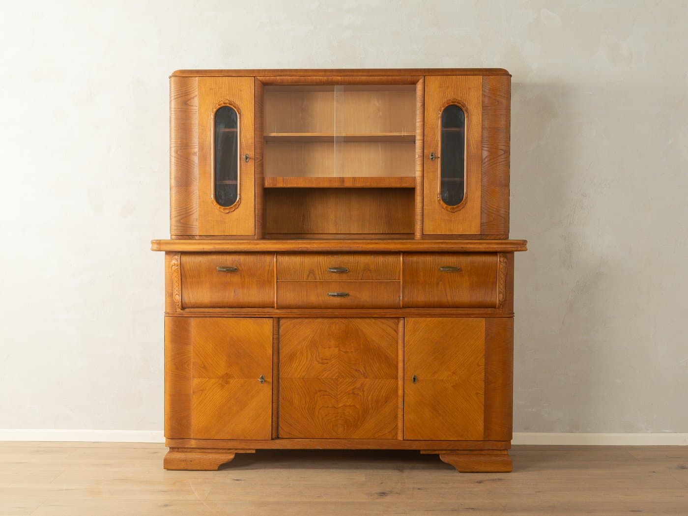 Kredens Art Deco, brązowy, orzech, szkło, porcelana, Niemcy, lata 20. - 280962