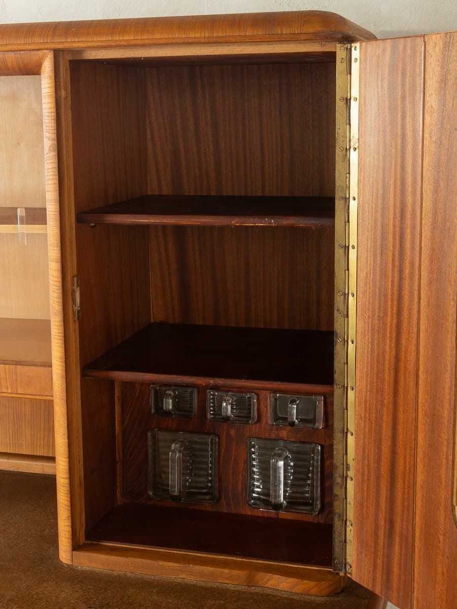 Kredens Art Deco, brązowy, orzech, szkło, porcelana, Niemcy, lata 20. - 280966