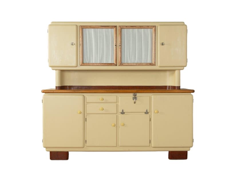 Kredens Art Deco, beżowy, drewno, szkło, porcelana, Niemcy, lata 20.