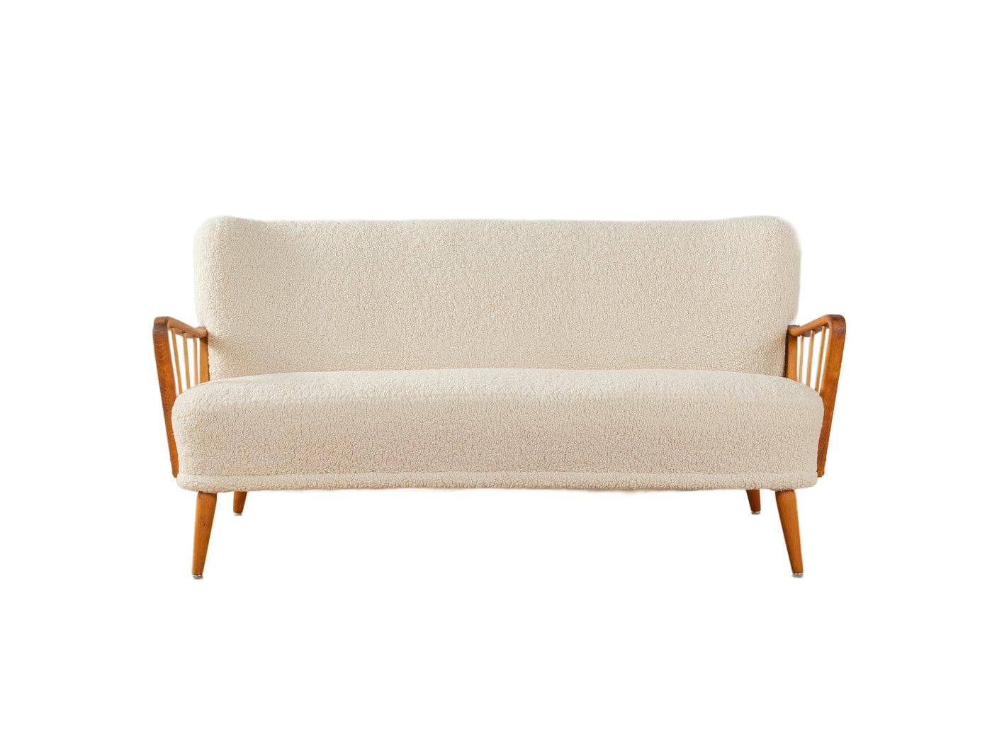 Sofa koktajlowa, beżowa, buk, tkanina, Niemcy, lata 50.