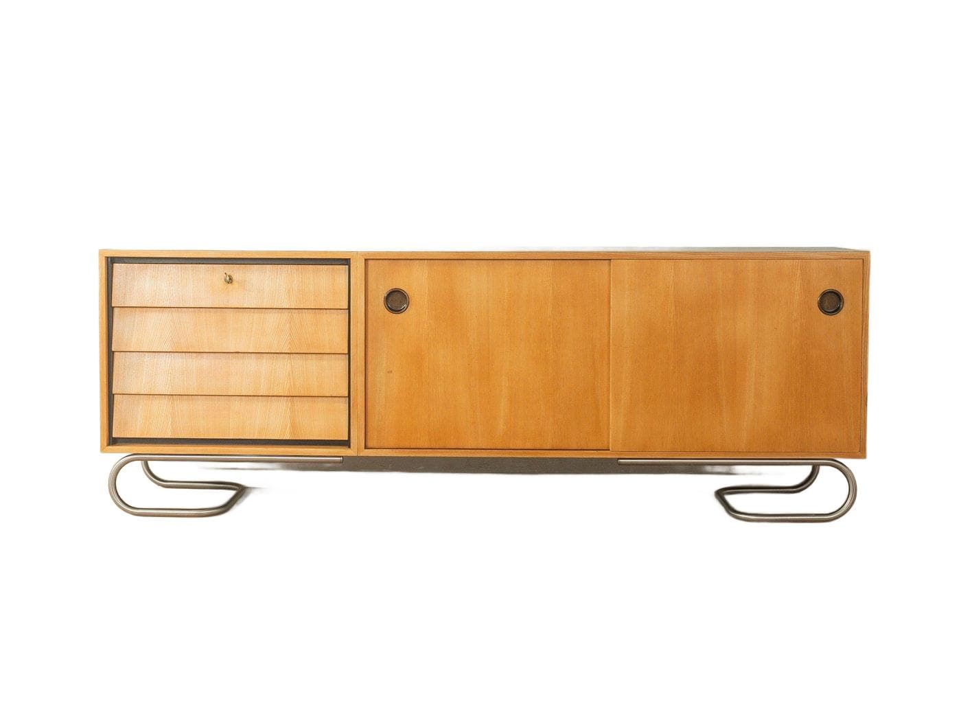 Komoda, jesion brązowy, stal szczotkowana, proj. E. Stratmann, Niemcy, lata 60.
