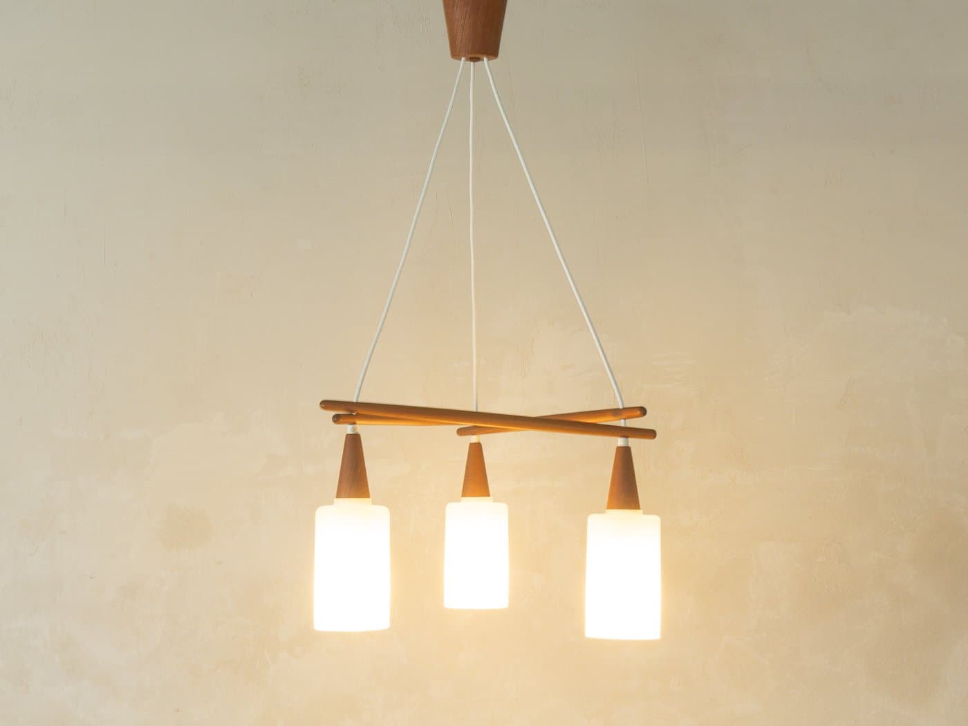 Pendant Lamp, white glass, brown teak, Germany, 1960s. - 280415