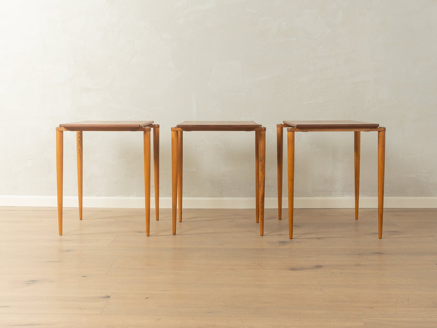Set of three nesting tables, brown walnut, beige beech, Germany, 1960s. - 280339