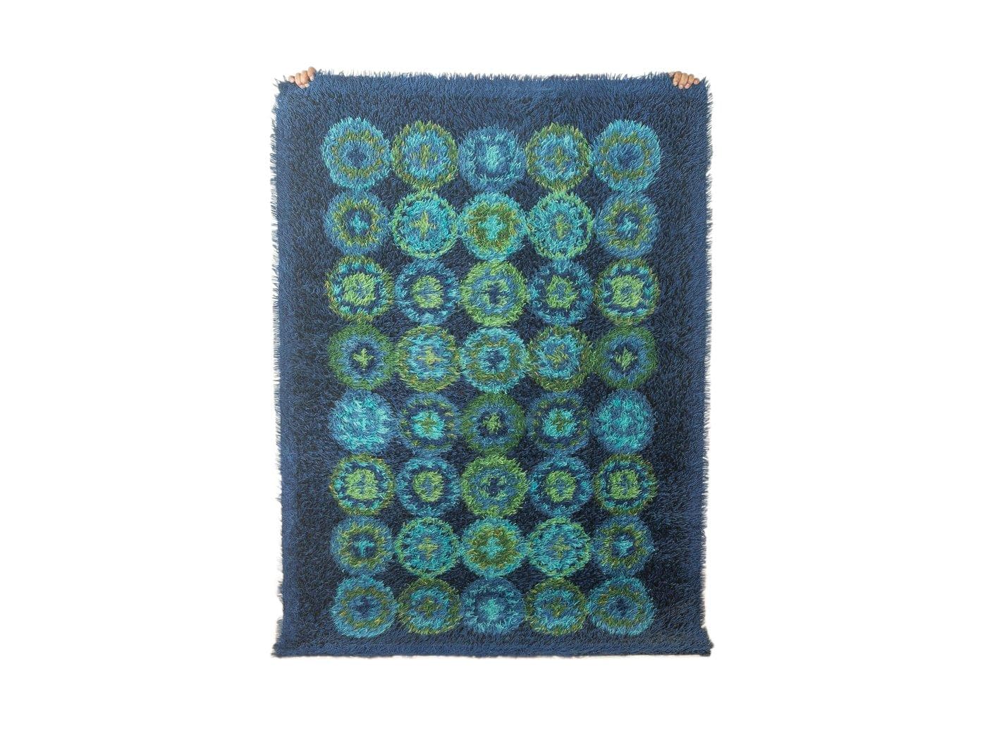 Dywan Space Age 200x136 cm, niebieski zielony, wełna, Niemcy, lata 70.